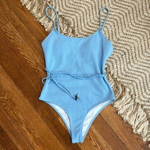 Light Blue High Cut Ribbed One Piece Swimsuit